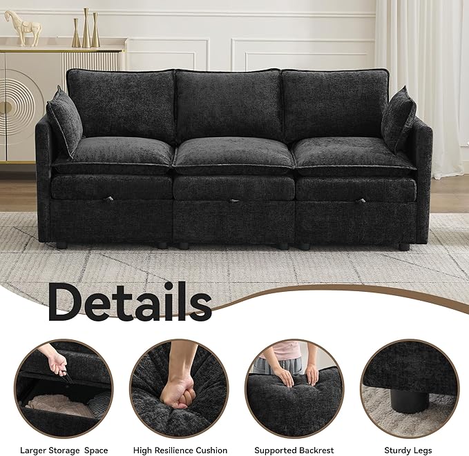 80" Cloud Modular 3 Seater Sofa with Storage, Modern Upholstered Storage Sofa Couch Deep Seat, Sectional Sofa Chenille Comfy Couch with Armrests for Living Room, Small Space, Black