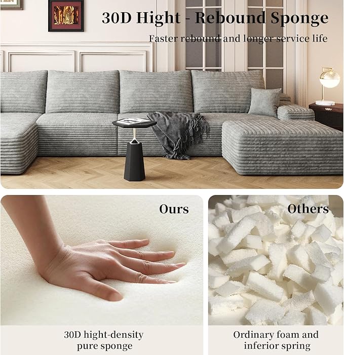 135.4" Large Cloud Modular Sectional Couch with Ottoman, Minimalist Upholstered Couches, Comfort U Shaped Sofa for Living Room,Deep Seat Corner Couch，No Assembly Required (Grey,Left Facing Chaise)