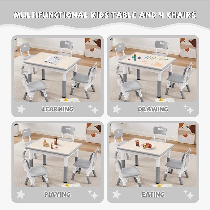 Adjustable Kids Table Chairs Set – Graffiti Desktop, Multi-Activity Height-Adjustable Toddler Study Desk for Ages 3-8 – Ideal for Home, Classroom, Daycare (W-Gray, 4 Chairs-31.5" L x 23.6" W)