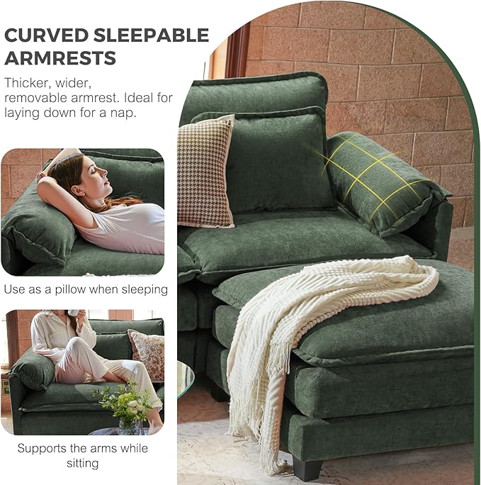 ELUCHANG 116" U Shaped Modular Sectional Cloud Couch with Pillow, Deep Seat Sofa Couches for Living Room, 5-Seat Modern Sofa with Movable Ottoman, Chenille Olive Green
