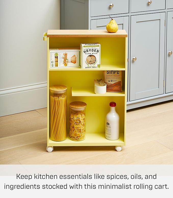 YAMAZAKI Home Slim Rolling Storage Cart – Narrow Bathroom Storage Cabinet with Handle, Slim Bathroom Storage Cart with Wheels, Easy Assembly, Steel + Wood, Yellow