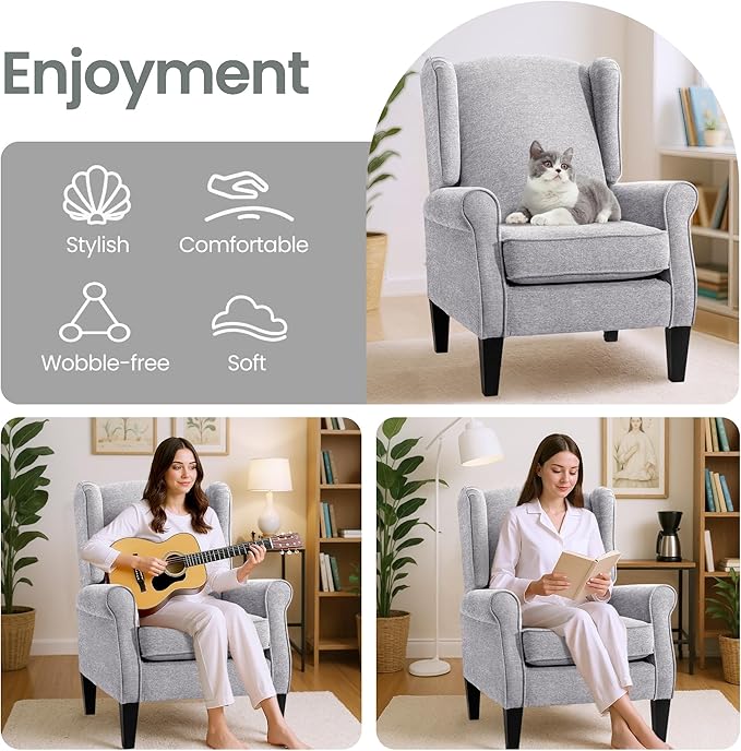Accent Chair Set of 4, Modern Living Room Chairs with Wingback, Comfy Upholstered High Back Single Sofa for Bedroom, Mid-Century Reading Armchair Sillas para Sala