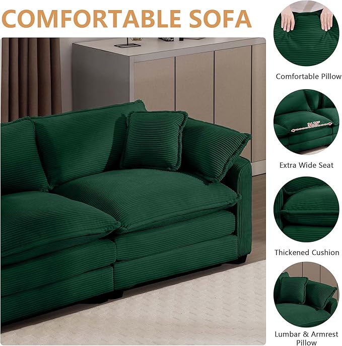 mikibama Luxury 2 Piece Sofa Set, 3-Seater & Loveseat Couch Set, Modern Corduroy Comfy Cloud Couches Set for Living Room Office with 4 Armrest Pillows and 5 Toss Pillows, Green