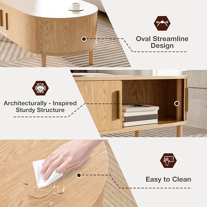 Coffee Table for Living Room, Modern Oval Coffee Table with Cabinets & Sliding Doors, Home Small Space, 47.2" Fluted Center Table, Natual