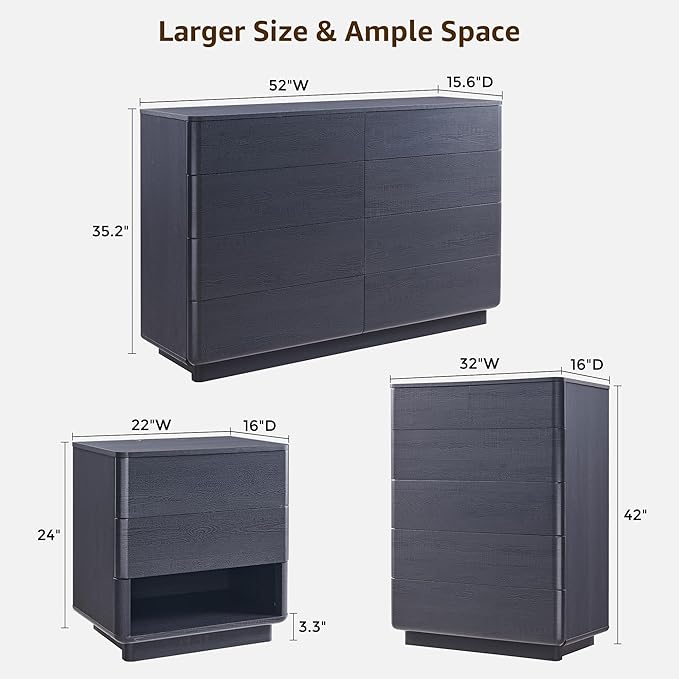 ACCOHOHO Modern Bedroom Set, 3 Pieces Bedroom Furniture Set, Includes 8 Drawers Dresser, 6 Dressers Organizer,Nightstand, Chest of Drawers Wide Storage Organizer Cabinet for Bedroom, Black
