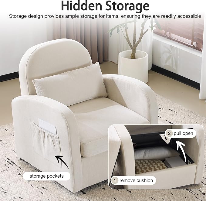 MELLCOM Oversized Swivel Accent Chair with Hidden Storage, Comfy Chenille Fabric Upholstered Leisure Armchair with Lumbar Pillow and Side Pocket for Living Room Bedroom Reception Room and Office