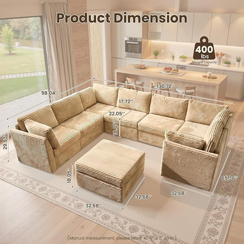 130'' Modern Modular Sectional Sofa with Ottoman, 8 Seater U Shaped Cloud Couch for Living Room, Oversized Deep Seat Convertible Sofa Set, Plush Corduroy Beige
