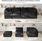 138" Boneless Cloud Couch Modular Sectional Sofa with Deep Seat for Living Room, L Shape Couch with Ottoman, Snowflake Cloth and 40D Memory Sponge，2 Throw Pillows (Black, 4 Seater+4 Ottoman)