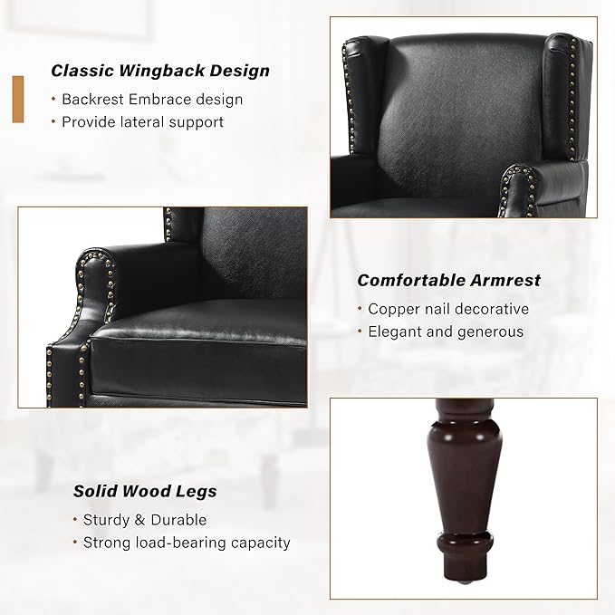 Faux Leather Wingback Accent Chair, High Back Upholstered Armchair, Comfy Fabric Wingback Arms Chairs with Solid Wood Legs, Single Sofa Reading Chair for Bedroom Living Room, Black
