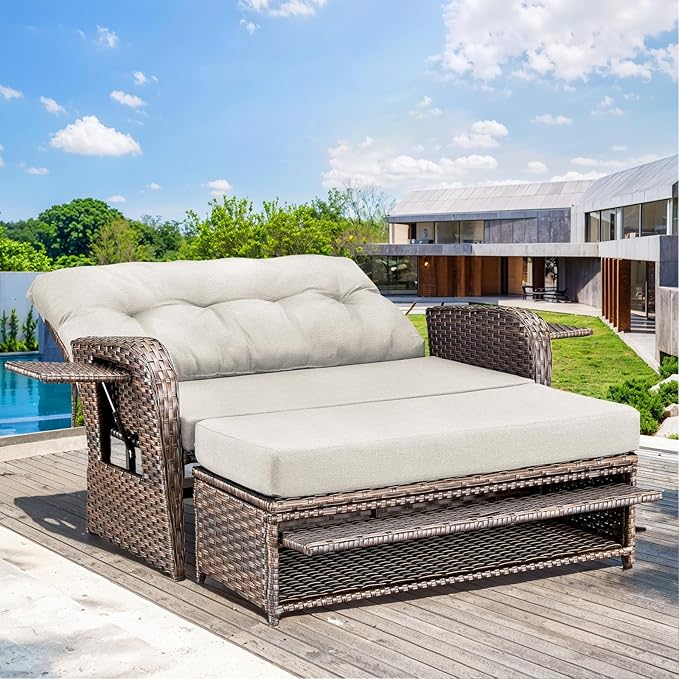 Patio Rattan Daybed, Wicker Recliner Loveseat for Two with Multifunctional Recliner and Stowable Side Tray, 5 Level Adjustable Backrest Brown Beige