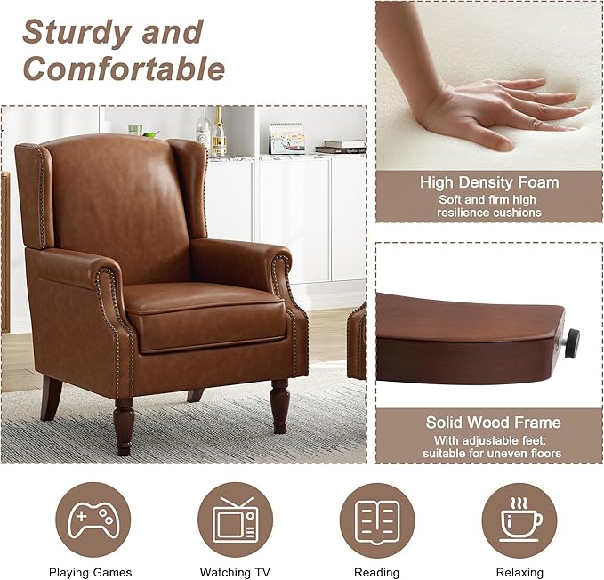 Pia Ricco High Back Floral Accent Chair - Retro Wingback Upholstered Armchair in Faux Leather, Nailhead Trim & Solid Wood Legs for Living Room Bedroom Reading Chair（Brown