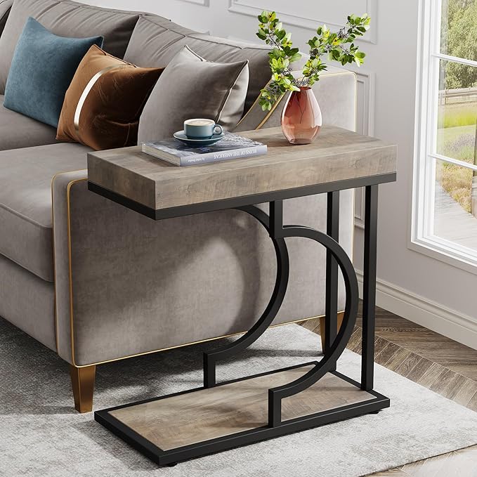 Tribesigns Narrow Side Table C Shaped End Table Modern Bedside Tables for Couch, Small Sofa Chairside Tables with Metal Frame for Living Room (2, Gray+Black)
