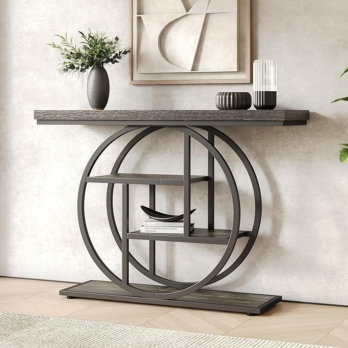 LITTLE TREE Console Table, 4-Tier Entryway Table, 41.3-Inch Industrial Sofa Table for Living Room, Foyer Hallway Table for Entrance, Deep Grey and Black
