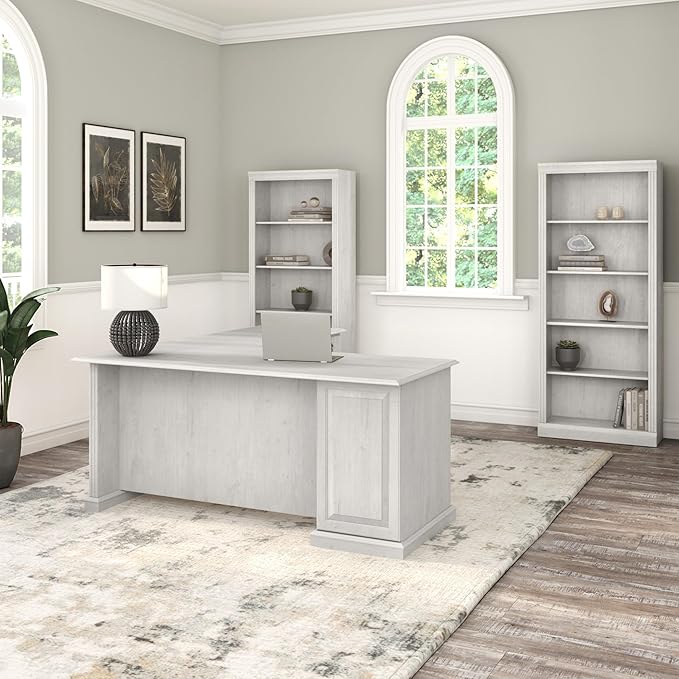 Bush Furniture Saratoga L Shaped Computer Desk with Drawers and Storage in Linen White Oak | Large Corner Office Table for Workspace