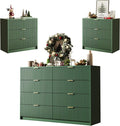 3-Piece Dresser Bedroom Set, 8 Drawer Dresser & 3 Drawer Nightstands with Gold Handles, Fluted Wood Chest of Drawers for Bedroom, Living Room, Entryway, Green