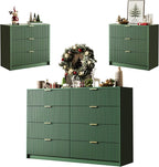3-Piece Dresser Bedroom Set, 8 Drawer Dresser & 3 Drawer Nightstands with Gold Handles, Fluted Wood Chest of Drawers for Bedroom, Living Room, Entryway, Green