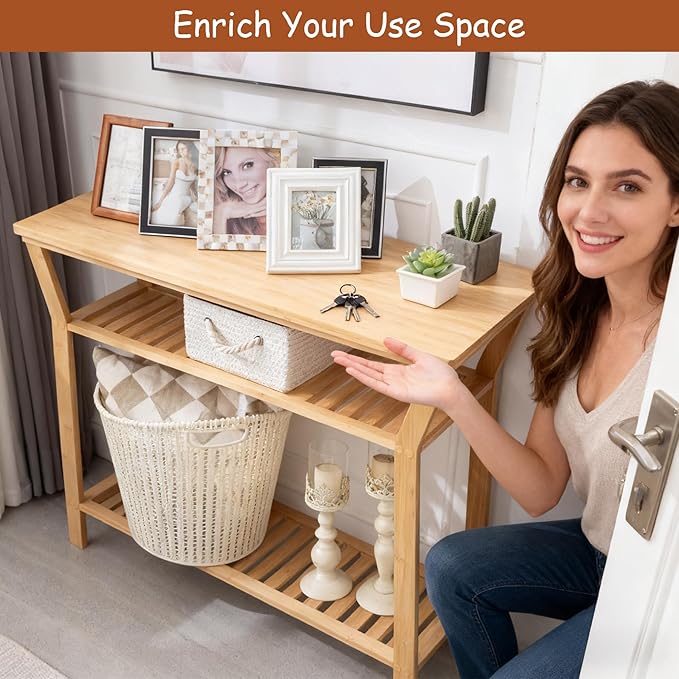 Nnewvante 38.6" Console Table, Bamboo Entryway Table with 3-Tier Storage Shelves, Narrow Sofa Table, Display Table for Entrance, Hallway, Living Room, Foyer