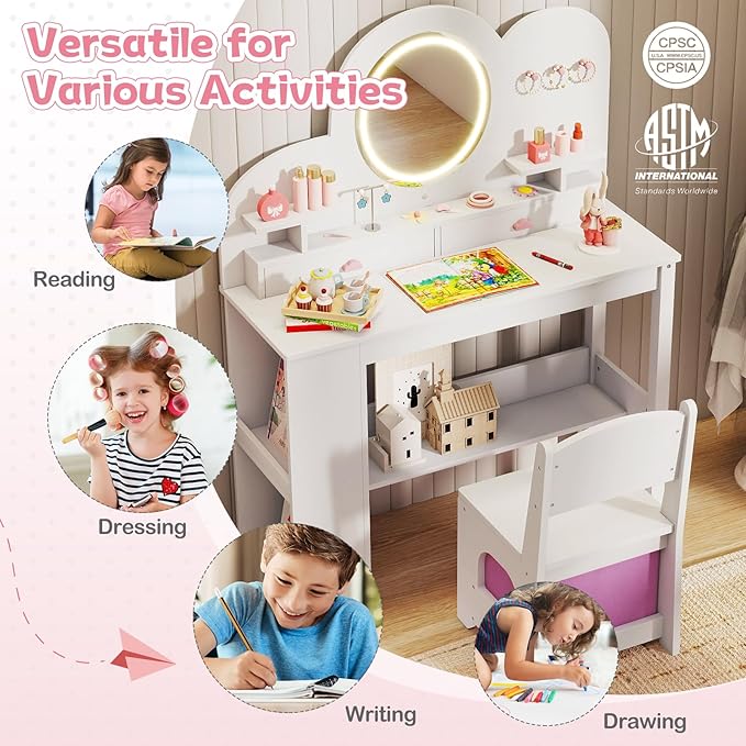 HONEY JOY Kids Vanity with Lights and Open Bookshelf, Cloud Princess Makeup Dressing Desk, Drawers, Wooden Pretend Play Toddler Vanity Table & Chair Set with Lighted Mirror for Little Girls (White)