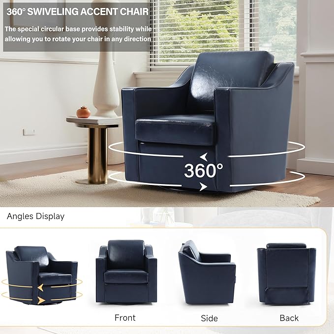 UIXE Faux Leather Swivel Accent Chair Set of 2, Upholstered Arm Chair for Living Room, Modern Club Armchair Comfy Single Sofa Bedroom Reading Seat with Lumbar Pillow - Navy Blue