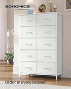 SONGMICS Dresser for Bedroom, Chest of Drawers, Steel, MDF, 10 Non-Woven Fabric Drawers, Storage Organizer Unit, Closet, Entryway, Cloud White and Snow White ULGS125W01S