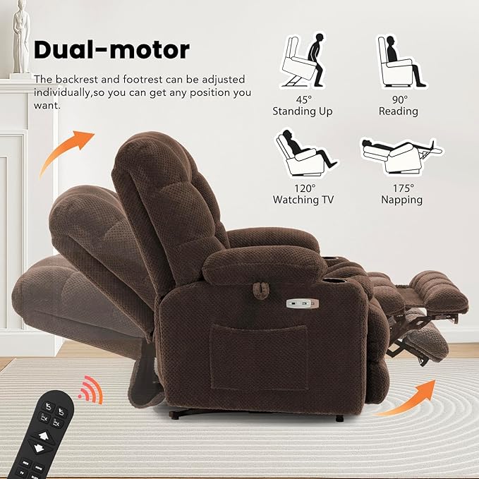 EONIX Dual Motor Lay Flat Power Lift Recliner Chair for Elderly and Adults with Cup Holders and Charging Ports, 400lbs Electric Power Recliner Lift Chair with Heat and Massage, Coffee, Brown
