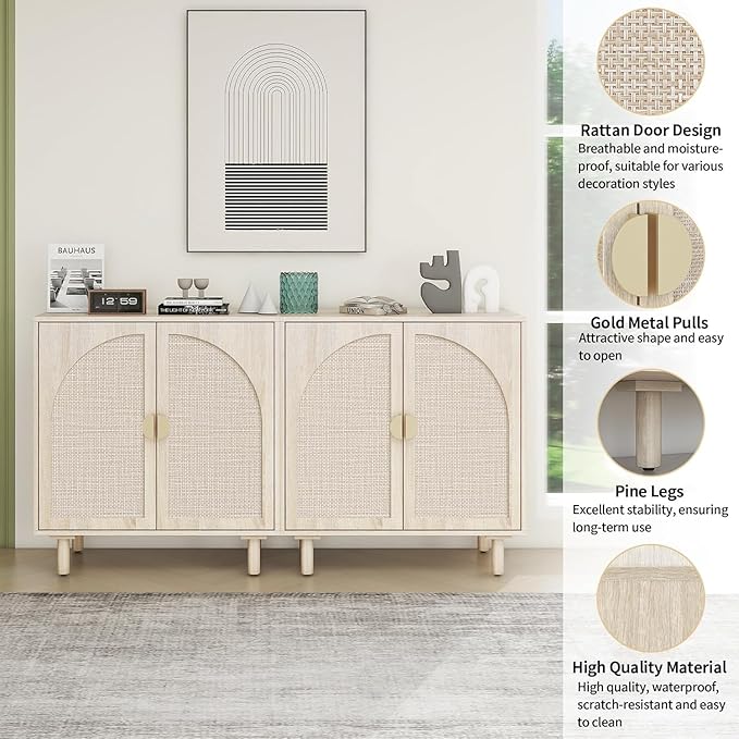 Beige Sideboard Cabinet with 2 Rattan Doors, Rattan Buffet Cabinet with Adjustable Shelves & Pine Legs, Boho Sideboard Buffet for Living Room, Kitchen, Entryway (Beige,2 PCS)