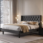 SHA CERLIN Queen Size Platform Bed Frame with Upholstered Headboard and Wingback, Button Tufted Design, Easy Assembly, No Box Spring Needed, Dark Grey