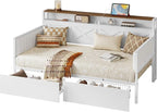 IRONCK Twin Size Daybed with Storage Drawers, Sturdy Metal Bed Frame with X-Shaped Headboard and Charging Station, Upholstered Farmhouse Daybed for Living Room, Bedroom, and Guest Room, White/Walnut