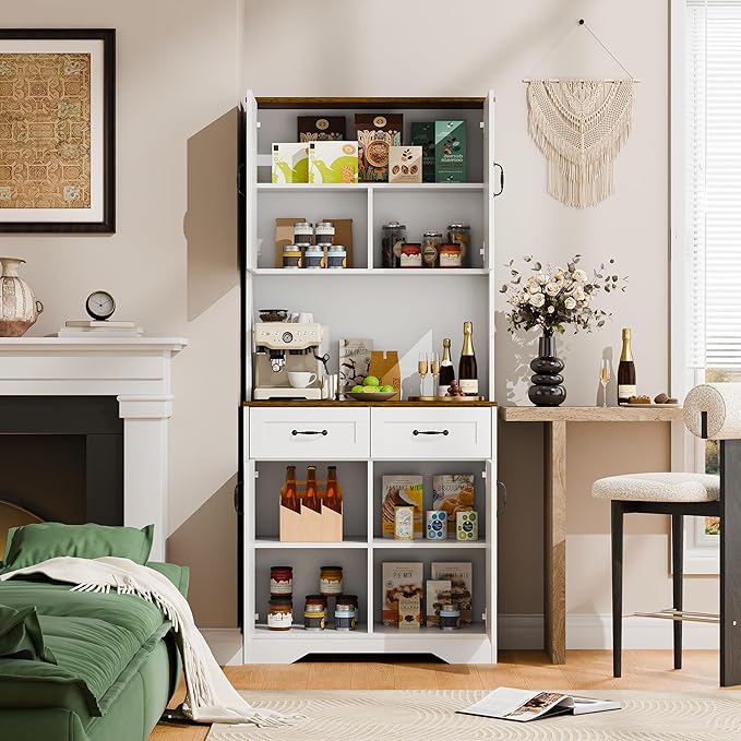 Cozy Castle Pantry Cabinet, Farmhouse Kitchen Hutch Cabinet with Storage Drawers Freestanding Coffee Bar Liquor Sideboard Large Countertop Cupboard for Dining Room, Living Room, 71'' Tall White