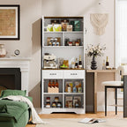 Cozy Castle Pantry Cabinet, Farmhouse Kitchen Hutch Cabinet with Storage Drawers Freestanding Coffee Bar Liquor Sideboard Large Countertop Cupboard for Dining Room, Living Room, 71'' Tall White