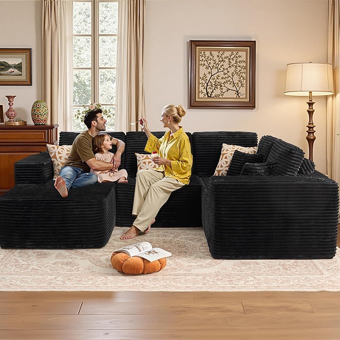 Weaxty Boneless Sectional Couch, U Shaped Modular Cloud Couches with Chaise, Plush Corduroy Memory Foam Deep Seat Floor Sofa, No Assembly Required，Black