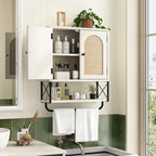 RUSTOWN Rattan Bathroom Wall Cabinet, Boho Over The Toilet Storage Cabinet with Arched Rattan Doors, Modern Medicine Cabinet with Adjustable Shelves & Towel Bar (Vintage White, Medium)