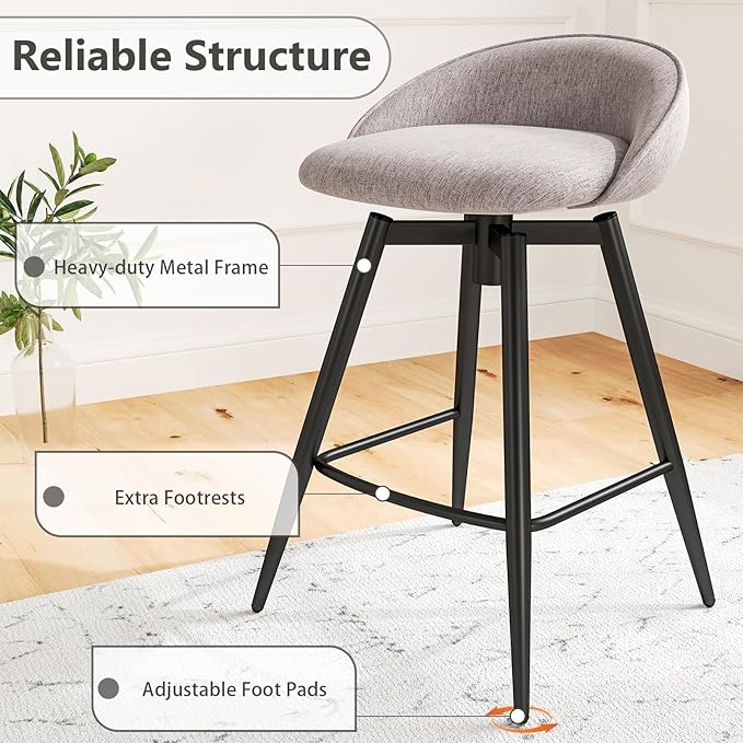 COSTWAY Bar Stools Set of 4, 25" Upholstered Counter Height 360° Swivel Bar Stools w/Backrest & Footrest, Heavy-Duty Metal Frame Armless Breakfast Chairs for Kitchen, Living Room (Set of 4,Grey)
