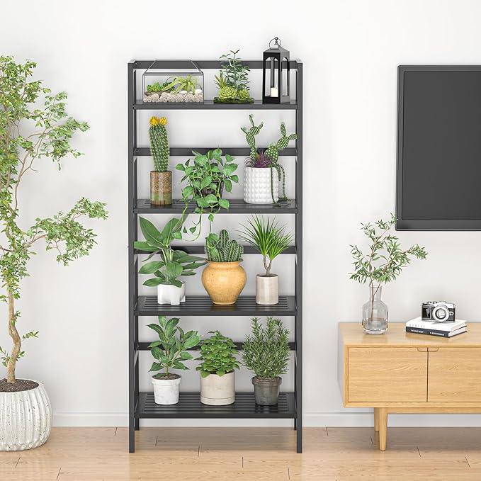 Homykic Bamboo Bookshelf 4-Tier Ladder Shelf, 49.2” Freestanding Open Bookcase Book Shelf Bathroom Storage Shelf Unit Plant Stand for Small Space, Living Room, Bedroom, Home Office, Black