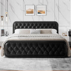 King Size Bed Frame, Upholstered Bed with Button Tufted Leather Headboard and Footboard, Metal U-Shape Support Foundation, No Box Spring Required, Black