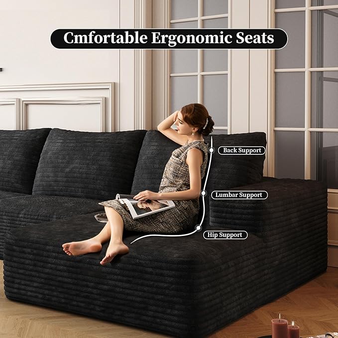 135.4" Large Cloud Modular Sectional Sofa with L-Shape Chaise, Deep Seat Upholstered Couches for Living Room，No Assembly Required, Corduroy Pet-Friendly Fabric (Black, Right Facing Chaise)