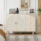 Beige Sideboard Cabinet with 2 Rattan Doors and 3 Drawers, Rattan Buffet Cabinet with Adjustable Shelves & Pine Legs, Boho Sideboard Buffet for Living Room, Kitchen, Entryway, Beige