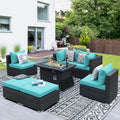 NICESOUL 29.3'' High-Back Outdoor Patio Furniture Set with Firepit Propane & Natural Gas, Oversized Deep Seat Rattan Conversations for Tall People, 7 Piece Couches, 2 Color Cushions Turquoise & Grey