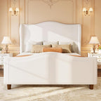 koorlian King Size Bed Frame Chenille Upholstered Platform Bed with 51" Tall Headboard and High Deep Tufted Footboard, Modern Retro Minimalist Style Wingback Sleigh Bed, Easy Assembly, Cream