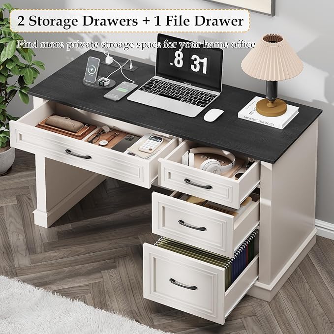 Farmhouse 47" Executive Desk, Computer Desk with Drawers and File Drawer, Workstation Computer Desk with Charging Station for Home Office, Study (Black)