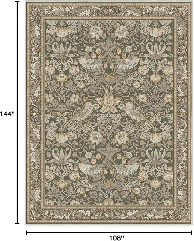 RUGGABLE x Morris & Co Machine Washable Area Rug – Strawberry Thief Stone Gold 9x12, Stain-Resistant, Non-Slip – Large Rugs for Living Room, Bedroom, Hallway, Entryway & Office–with Cushioned Pad