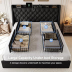King Size Upholstered Platform Bed Frame with 4 Storage Drawers and Charging Station, Linen Button Tufted Wingback Headboard, Sturdy Wooden Support Slats, No Box Spring Needed, Black