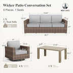 HERA'S HOUSE Luxury Swivel Glider Patio Furniture Set with 4.92" Wide Armrests 5.5" Thick Cushions, 6 Pieces Outdoor Wicker Furniture Conversation Set with Table for Backyard Deck Garden, Grey