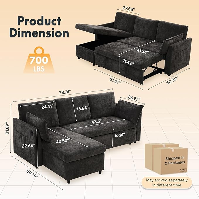 FLEXISPOT XB5 78" Pull Out Couch Bed with Storage Chaise, 2-in-1 Convertible Sofa Bed with USB Charging Ports, 3-Seater Sectional Sofa Couch for Living Room Apartment, Easy to Assemble(Dark Gray)