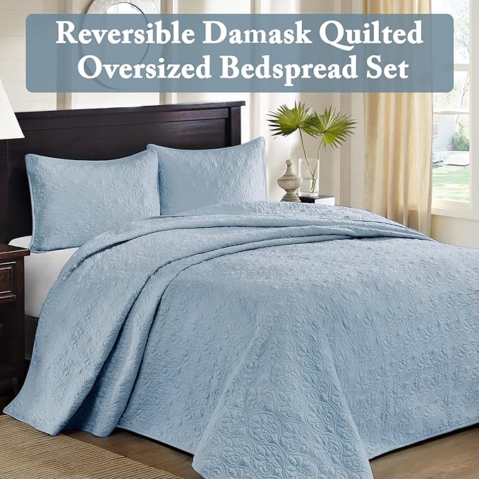 Madison Park Quebec Reversible Quilt Set Damask Design, Double Sided Stitching All Season, Lightweight Bedspread Bedding Set, Matching Sham, Blue, Queen(102"x118") 3 Piece