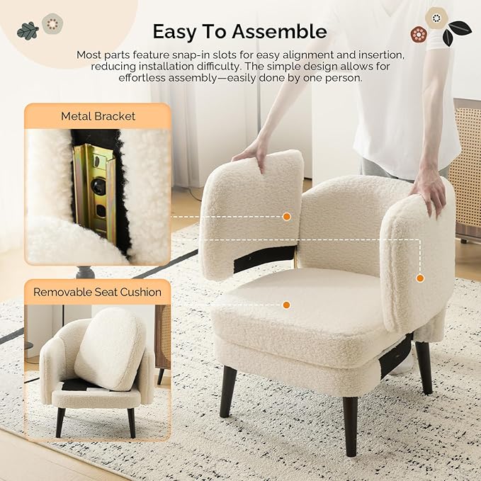 VINGLI 30.3" Wide Modern Barrel Accent Armchair with Track Armrest, Solid Wooden Legs, Comfy Upholstered Club Chair, Round Single Home Sofa for Living Room, Bedroom, Reading Room, Teddy Fleece White