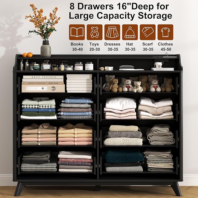 Dresser for Bedroom with 8 Drawers, 55" Large Dresser & Chest of Drawers with Charging Station, Wood Closet Clothes Storage Tall Dressers Organizer for Bedroom Living Room Hallway, Black