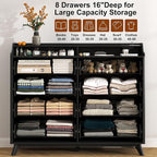 Dresser for Bedroom with 8 Drawers, 55" Large Dresser & Chest of Drawers with Charging Station, Wood Closet Clothes Storage Tall Dressers Organizer for Bedroom Living Room Hallway, Black