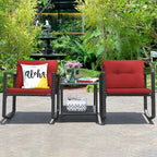 COSTWAY 3 Pieces Patio Rattan Rocking Chair Set, Outdoor Conversation Furniture Sets with Coffee Table, Storage Shelf and Cushions, Modern Bistro Set for Porch, Backyard, Garden, Red