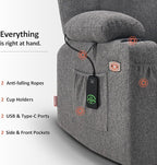 MCombo Power Lift Recliner Chair for Elderly, Lift Chair with Heat and Massage for Tall People, USB&Type C Ports, Extended Footrest, Cup Holders, Fabric 7516 (Large,Dark Grey)